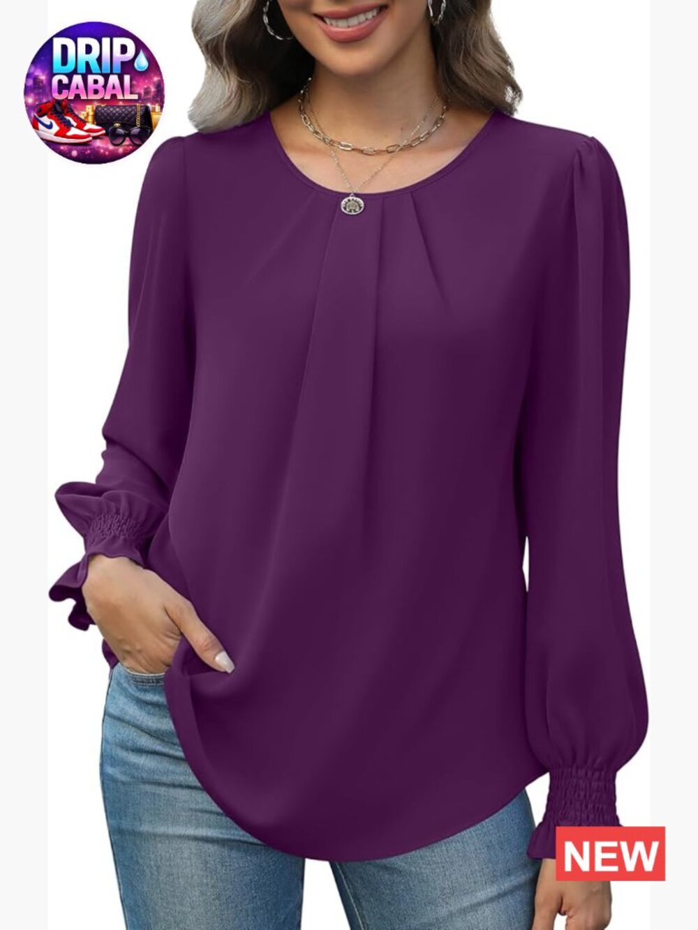 Dressy Casual Smocked Long Sleeve Chiffon Tunic Blouse Office Work Top